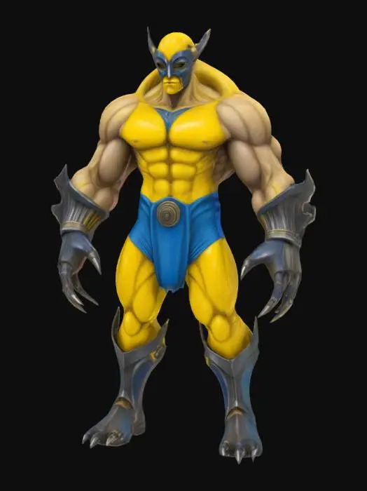 3D model for The object is a muscular, humanoid figure with sharp, metallic claws, wearing a form-fitting, textured yellow and blue costume with a distinctive mask featuring pointed elements.,