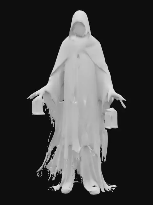 3D model for The object features a tattered, black, cloak-like form with extending arms, holding lanterns at each tip, and has an eerie texture with multiple faces embedded at its center., 