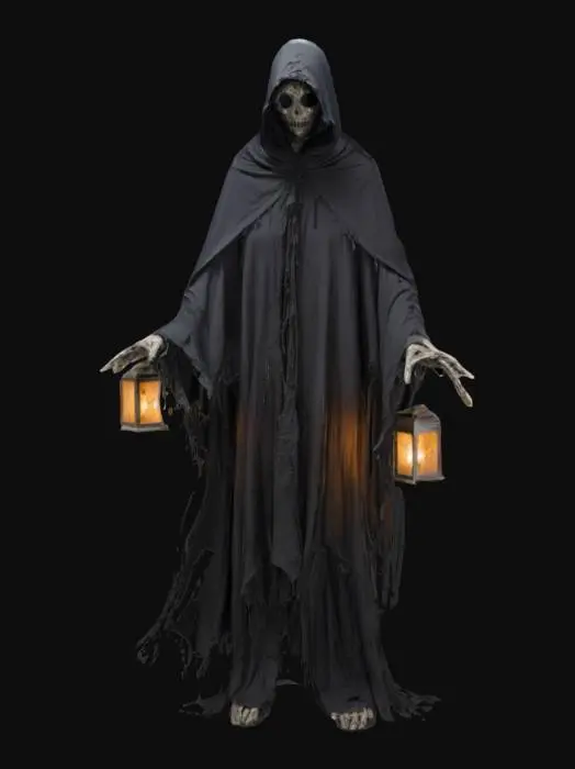 3D model for The object features a tattered, black, cloak-like form with extending arms, holding lanterns at each tip, and has an eerie texture with multiple faces embedded at its center., 