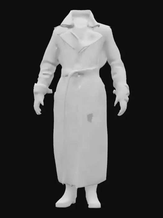 3D model for The object is a long, dark trench coat with a rugged texture, featuring padded shoulders and a belted waist, combined with a grid-like pattern on one side.