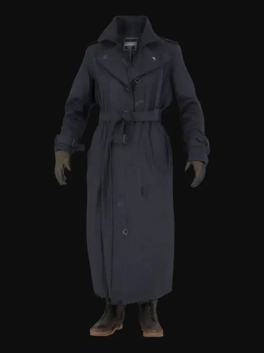 3D model for The object is a long, dark trench coat with a rugged texture, featuring padded shoulders and a belted waist, combined with a grid-like pattern on one side.