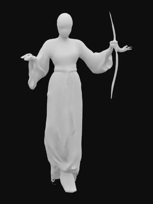 3D model for The object is a humanoid figure with a roughly humanoid shape, dressed in a tattered, aged dress, featuring smooth and worn textures with a metallic hook-like tool in one hand.has a full bandage on his head. is flying a little bit