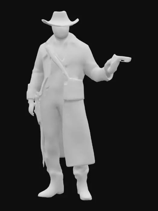 3D model for Eine Figur im Stil eines Western-Revolverhelden, gekleidet in einen langen, dunkelgrauen bis schwarzen Staubmantel aus schwerem, leicht texturiertem Stoff. Sie trägt einen breitkrempigen, dunklen Cowboyhut mit Metallnieten und eine schwarze Gesichtsmaske, die den ganzen Kopf bedeckt. Ein abgenutzter, brauner Leder-Bandolier mit silbernen Nieten kreuzt die Brust, daneben glänzt ein verwitterter, silberner Sternabzeichen. Ihre dunkle Hose, Handschuhe und Stiefel aus Leder runden das raue Erscheinungsbild ab.