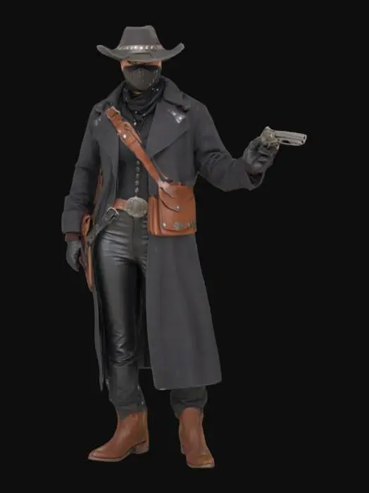 3D model for Eine Figur im Stil eines Western-Revolverhelden, gekleidet in einen langen, dunkelgrauen bis schwarzen Staubmantel aus schwerem, leicht texturiertem Stoff. Sie trägt einen breitkrempigen, dunklen Cowboyhut mit Metallnieten und eine schwarze Gesichtsmaske, die den ganzen Kopf bedeckt. Ein abgenutzter, brauner Leder-Bandolier mit silbernen Nieten kreuzt die Brust, daneben glänzt ein verwitterter, silberner Sternabzeichen. Ihre dunkle Hose, Handschuhe und Stiefel aus Leder runden das raue Erscheinungsbild ab.