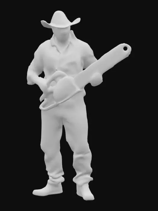 3D model for ein mann mit einem verkrüppeltem gesicht und mit einer kettensäge in der hand. hat einen cowboy artigen hut auf. er hat eine weite jeans und ein rotes hemd