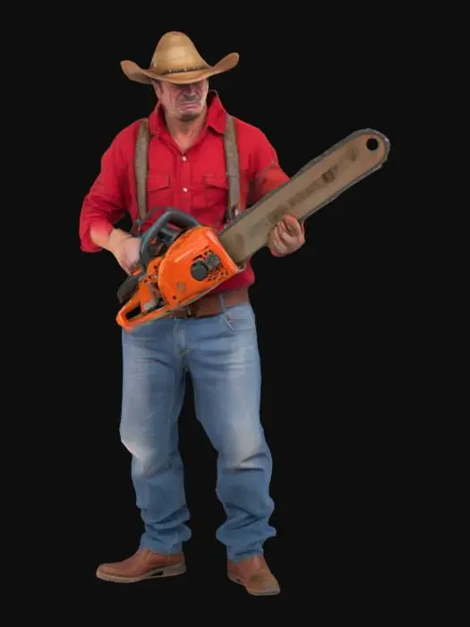 3D model for ein mann mit einem verkrüppeltem gesicht und mit einer kettensäge in der hand. hat einen cowboy artigen hut auf. er hat eine weite jeans und ein rotes hemd