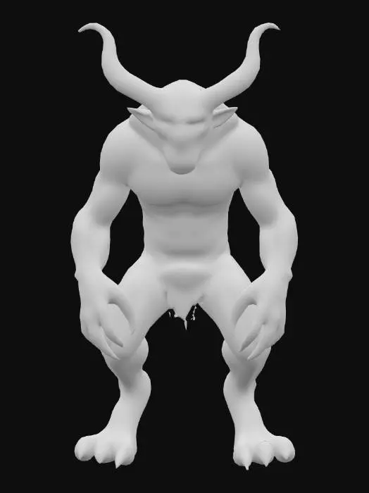 3D model for Eine imposante, groteske Kreatur mit muskulösem, humanoideähnlichem Körperbau. Ihre Haut ist überwiegend in einem tiefen, fleischigen Rotton gehalten, der an den Beinen und am Unterleib in ein erdiges Braun-Orange übergeht. Die Oberfläche der Haut ist faltig und stark texturiert, mit sichtbaren Venen und unebenen Partien. Dicke, geriffelte Hörner in dunklem Braun ragen aus ihrem Kopf. Das Gesicht ist von einem wütenden Ausdruck geprägt, mit scharfen, gelblichen Zähnen und leuchtend grünen Augen. Die Hände enden in kräftigen Klauen, und die Füße sind zu harten, schwarzen Hufen geformt.