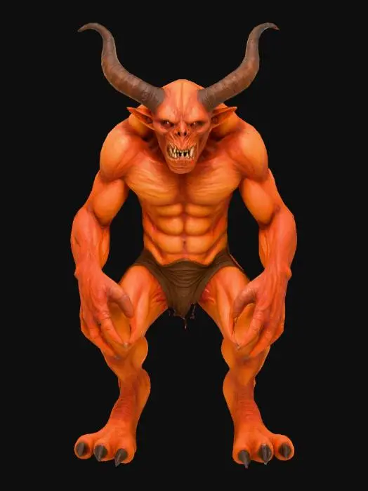 3D model for Eine imposante, groteske Kreatur mit muskulösem, humanoideähnlichem Körperbau. Ihre Haut ist überwiegend in einem tiefen, fleischigen Rotton gehalten, der an den Beinen und am Unterleib in ein erdiges Braun-Orange übergeht. Die Oberfläche der Haut ist faltig und stark texturiert, mit sichtbaren Venen und unebenen Partien. Dicke, geriffelte Hörner in dunklem Braun ragen aus ihrem Kopf. Das Gesicht ist von einem wütenden Ausdruck geprägt, mit scharfen, gelblichen Zähnen und leuchtend grünen Augen. Die Hände enden in kräftigen Klauen, und die Füße sind zu harten, schwarzen Hufen geformt.