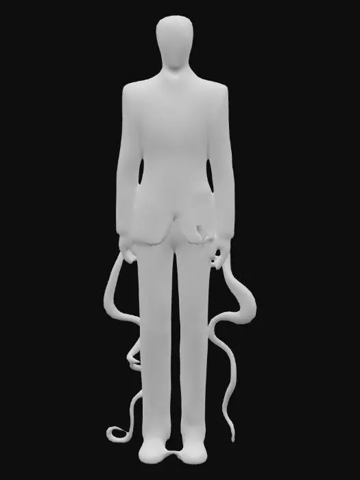 3D model for Eine hochgewachsene, schlanke humanoide Figur in einem makellosen schwarzen Anzug mit Krawatte. Ihr gesichtsloser Kopf ist blass und glatt. Vom Rücken ragen mehrere lange, pechschwarze Tentakel hervor, die sich organisch winden. Die Hände sind blass mit langen, knochigen Fingern, die leicht gekrümmt sind. Das Material des Anzugs wirkt steif und glatt, während die Tentakel eine flexible, gummiartige Textur besitzen.