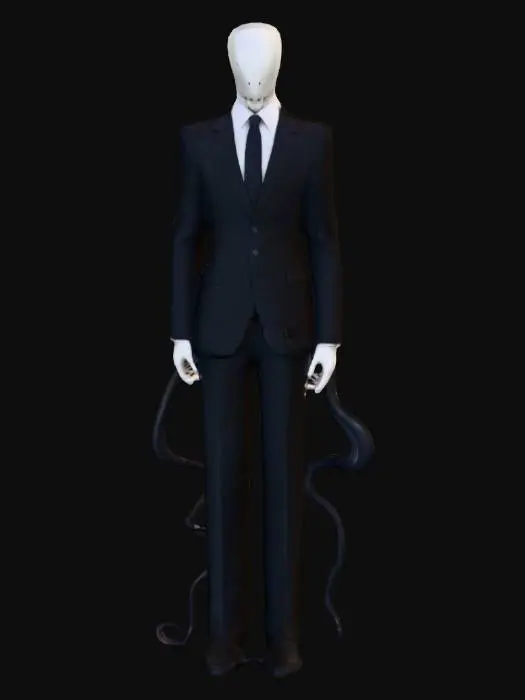 3D model for Eine hochgewachsene, schlanke humanoide Figur in einem makellosen schwarzen Anzug mit Krawatte. Ihr gesichtsloser Kopf ist blass und glatt. Vom Rücken ragen mehrere lange, pechschwarze Tentakel hervor, die sich organisch winden. Die Hände sind blass mit langen, knochigen Fingern, die leicht gekrümmt sind. Das Material des Anzugs wirkt steif und glatt, während die Tentakel eine flexible, gummiartige Textur besitzen.