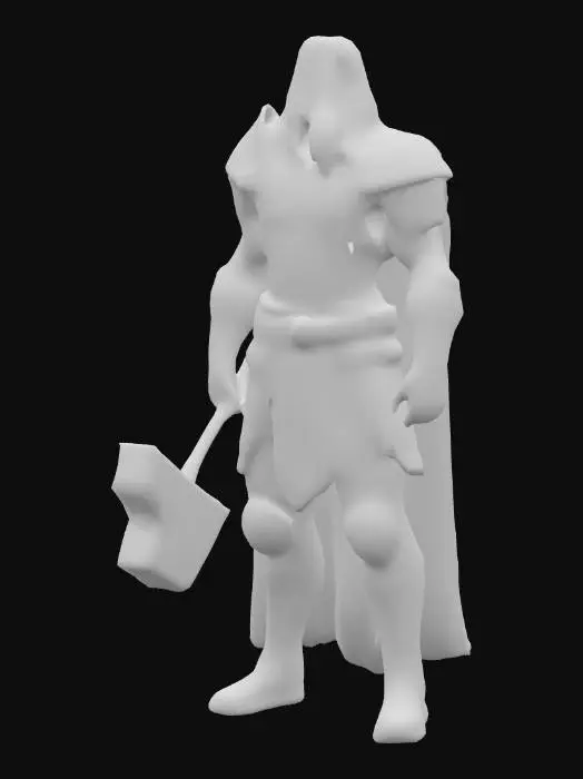 3D model for #PBR#, Okay, ich werde eine Beschreibung für dich generieren.

Eine muskulöse, männliche Figur mit langen, gewellten blonden Haaren und einem Bart steht in heldenhafter Pose. Sie trägt eine detailreiche Rüstung aus glänzendem, schwarzem Metall mit goldenen und silbernen Akzenten an Brust und Schultern. Ein langer, fließender roter Umhang aus weichem Stoff fällt über ihre Schultern. Die schwarzen Hosen und Stiefel sind aus robustem Leder gefertigt, ebenfalls mit metallischen Verzierungen. In ihrer rechten Hand hält die Figur einen schweren, metallischen Hammer mit einer rauen, abgenutzten Oberfläche.