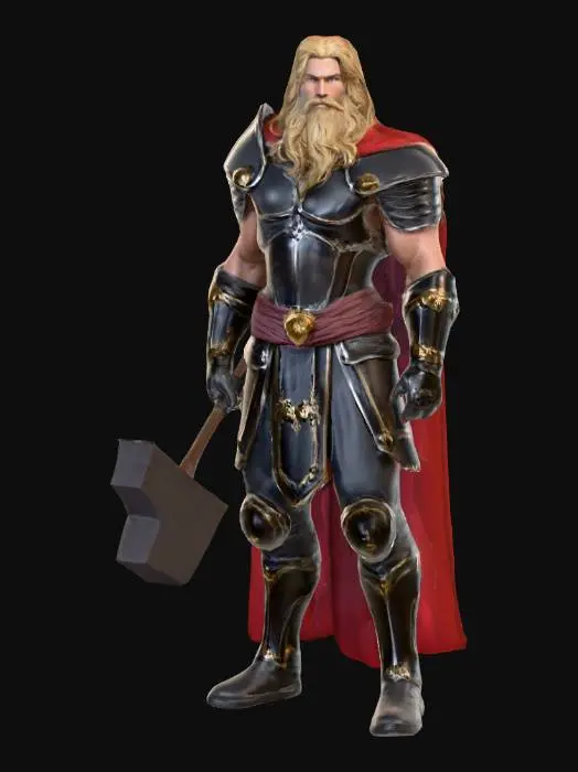 3D model for #PBR#, Okay, ich werde eine Beschreibung für dich generieren.

Eine muskulöse, männliche Figur mit langen, gewellten blonden Haaren und einem Bart steht in heldenhafter Pose. Sie trägt eine detailreiche Rüstung aus glänzendem, schwarzem Metall mit goldenen und silbernen Akzenten an Brust und Schultern. Ein langer, fließender roter Umhang aus weichem Stoff fällt über ihre Schultern. Die schwarzen Hosen und Stiefel sind aus robustem Leder gefertigt, ebenfalls mit metallischen Verzierungen. In ihrer rechten Hand hält die Figur einen schweren, metallischen Hammer mit einer rauen, abgenutzten Oberfläche.