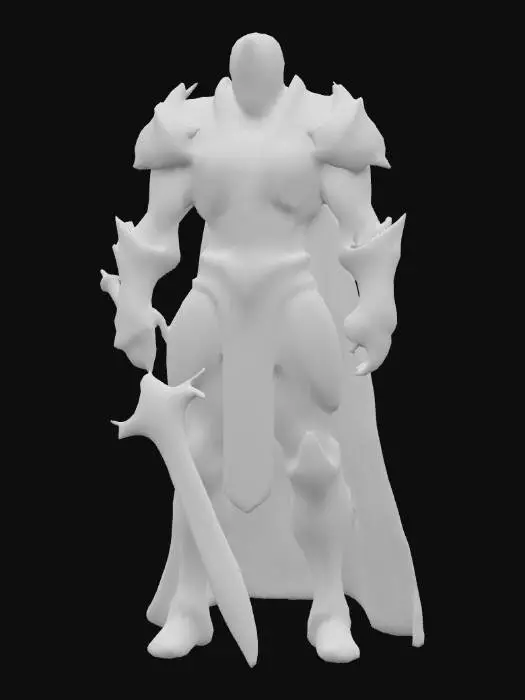 3D model for Eine imposante, muskulöse humanoide Figur mit breiten Schultern, gekleidet in eine schwere Rüstung aus Gold und dunklem Metall. Die Rüstung ist detailreich und segmentiert, mit glänzenden, geschliffenen Oberflächen und einigen dunkleren, matten Bereichen. Der Helm ist ebenfalls golden und bedeckt das obere Gesicht, während das markante Kinn und der Kieferbereich freiliegen. An der linken Hand befindet sich ein leuchtender goldener Handschuh mit farbigen, glühenden Edelsteinen. In der rechten Hand hält die Figur eine massive, goldene Doppelklinge, die eine abgenutzte, metallische Textur aufweist und teilweise glüht.