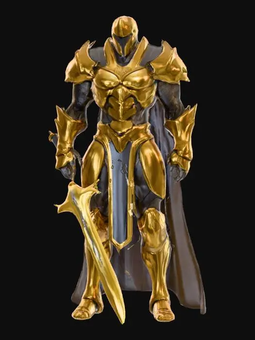 3D model for Eine imposante, muskulöse humanoide Figur mit breiten Schultern, gekleidet in eine schwere Rüstung aus Gold und dunklem Metall. Die Rüstung ist detailreich und segmentiert, mit glänzenden, geschliffenen Oberflächen und einigen dunkleren, matten Bereichen. Der Helm ist ebenfalls golden und bedeckt das obere Gesicht, während das markante Kinn und der Kieferbereich freiliegen. An der linken Hand befindet sich ein leuchtender goldener Handschuh mit farbigen, glühenden Edelsteinen. In der rechten Hand hält die Figur eine massive, goldene Doppelklinge, die eine abgenutzte, metallische Textur aufweist und teilweise glüht.