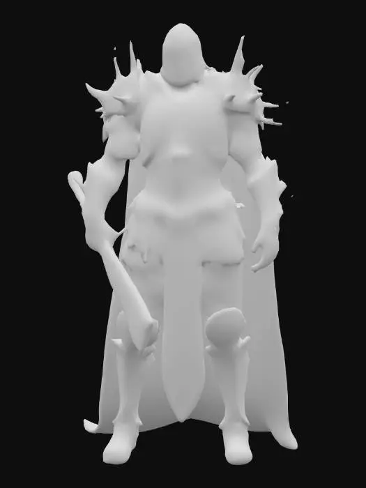 3D model for Eine imposante, humanoide Figur in einer schweren, dunklen Metallrüstung, die den Körper vollständig bedeckt. Die Rüstung weist eine verwitterte, zerkratzte und abgenutzte Textur auf, mit einem matten, gräulichen Silberschimmer. Der Brustpanzer ist mit rippenartigen Segmenten gestaltet, die einem Skelett ähneln. Der Helm hat ein schlankes, maskenartiges Design mit vertikalen Schlitzen und zackenartigen Verzierungen. Massive Schulterplatten und Stachel hervorstehende Elemente verleihen der Rüstung ein bedrohliches Aussehen. In der rechten Hand hält die Figur einen schweren, metallischen Streitkolben.