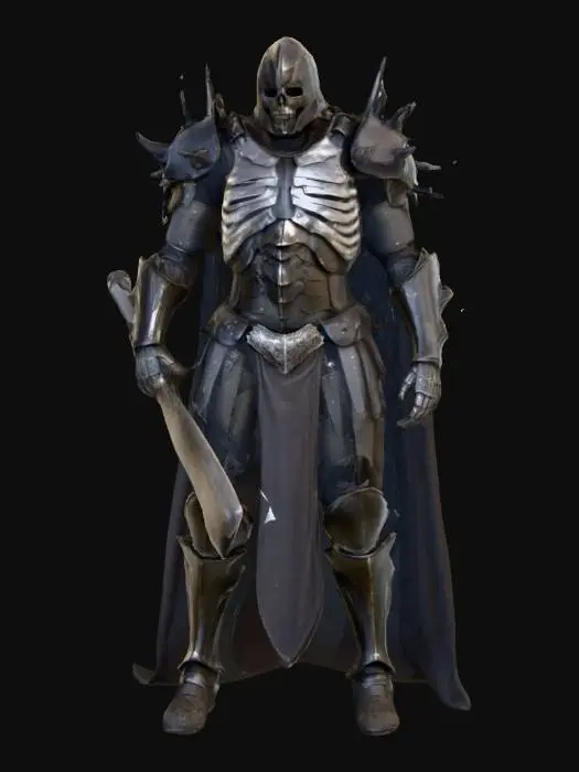 3D model for Eine imposante, humanoide Figur in einer schweren, dunklen Metallrüstung, die den Körper vollständig bedeckt. Die Rüstung weist eine verwitterte, zerkratzte und abgenutzte Textur auf, mit einem matten, gräulichen Silberschimmer. Der Brustpanzer ist mit rippenartigen Segmenten gestaltet, die einem Skelett ähneln. Der Helm hat ein schlankes, maskenartiges Design mit vertikalen Schlitzen und zackenartigen Verzierungen. Massive Schulterplatten und Stachel hervorstehende Elemente verleihen der Rüstung ein bedrohliches Aussehen. In der rechten Hand hält die Figur einen schweren, metallischen Streitkolben.