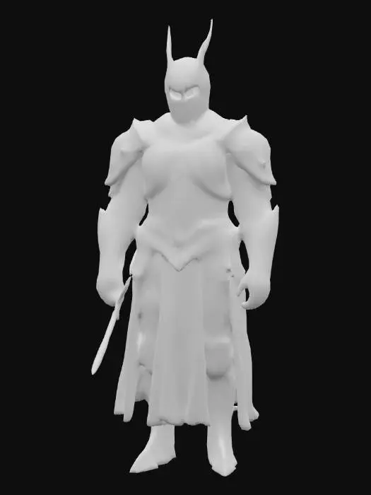 3D model for Eine imposante, humanoide Figur in einer schweren, dunklen Metallrüstung, die den Körper vollständig bedeckt. Die Rüstung weist eine verwitterte, zerkratzte und abgenutzte Textur auf, mit einem matten, gräulichen Silberschimmer. Der Brustpanzer ist mit rippenartigen Segmenten gestaltet, die einem Skelett ähneln. Der Helm hat ein schlankes, maskenartiges Design mit vertikalen Schlitzen und zackenartigen Verzierungen. Massive Schulterplatten und Stachel hervorstehende Elemente verleihen der Rüstung ein bedrohliches Aussehen. In der rechten Hand hält die Figur einen schweren, metallischen Streitkolben.