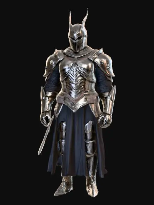 3D model for Eine imposante, humanoide Figur in einer schweren, dunklen Metallrüstung, die den Körper vollständig bedeckt. Die Rüstung weist eine verwitterte, zerkratzte und abgenutzte Textur auf, mit einem matten, gräulichen Silberschimmer. Der Brustpanzer ist mit rippenartigen Segmenten gestaltet, die einem Skelett ähneln. Der Helm hat ein schlankes, maskenartiges Design mit vertikalen Schlitzen und zackenartigen Verzierungen. Massive Schulterplatten und Stachel hervorstehende Elemente verleihen der Rüstung ein bedrohliches Aussehen. In der rechten Hand hält die Figur einen schweren, metallischen Streitkolben.