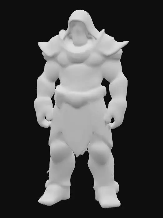 3D model for Eine imposante, humanoide Figur mit massiver, muskulöser Statur und grober, rissiger Haut, die an dunklen Stein oder gehärtete Erde erinnert. Die Oberfläche weist eine matte, unregelmäßige Textur in verschiedenen Grautönen und Anthrazit auf. Der Kopf ist von einer schweren, dunklen Kapuze bedeckt, die ein maskenhaftes, steinernes Gesicht umrahmt. Schwere, faltenreiche Stoffe oder Leder in dunklen Farbtönen bilden die untere Bekleidung. Schultern, Unterarme und die Hüfte sind mit dunklen, segmentierten Rüstungselementen versehen, die eine metallische oder gehärtete Schuppentextur aufweisen.