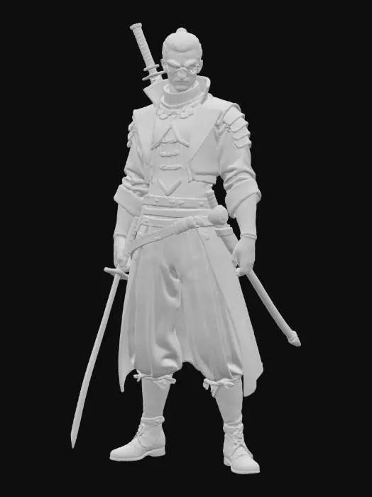 3D model for Ein schlanker, männlicher Krieger in kampfbereiter Pose, der eine rote Augenbinde trägt und ein stilisiertes Katana in der Hand hält. Er ist bekleidet mit einem langen, weinroten Mantel aus glattem Stoff, unter dem ein eng anliegender, dunkelgrauer oder schwarzer Körperpanzer mit glänzenden Metalleinsätzen und feinen Verzierungen zum Vorschein kommt. Seine weiten, plissierten Hosen aus dunklem Stoff reichen bis zu robusten Stiefeln. Auffällig sind die roten Akzente an seinen Handschuhen und der Rüstung, die einen modernen, taktischen Stil mit traditionellen Elementen verbinden.