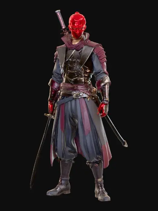 3D model for Ein schlanker, männlicher Krieger in kampfbereiter Pose, der eine rote Augenbinde trägt und ein stilisiertes Katana in der Hand hält. Er ist bekleidet mit einem langen, weinroten Mantel aus glattem Stoff, unter dem ein eng anliegender, dunkelgrauer oder schwarzer Körperpanzer mit glänzenden Metalleinsätzen und feinen Verzierungen zum Vorschein kommt. Seine weiten, plissierten Hosen aus dunklem Stoff reichen bis zu robusten Stiefeln. Auffällig sind die roten Akzente an seinen Handschuhen und der Rüstung, die einen modernen, taktischen Stil mit traditionellen Elementen verbinden.
