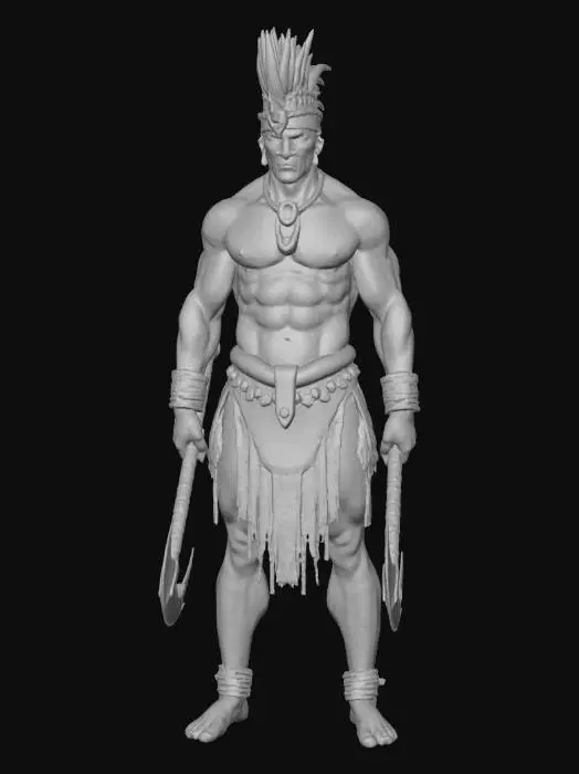 3D model for Ein muskulöser, humanoider Krieger mit hellblauer, glatter Haut, die von dunkleren, aqua-farbenen Stammes-Tattoos oder -Markierungen durchzogen ist. Er trägt eine aufwendige, goldfarbene und türkise Rüstung mit geschwungenen Formen und gezackten Kanten, die an Federn oder Kiemen erinnern. Ein passender Kopfschmuck mit blauen Federkämmen und spitzen Ohren ziert seinen Kopf. Seine dunklen Lendenschurz und Armbinden sind aus strukturiertem Stoff und Leder gefertigt, akzentuiert mit rotbraunen und goldenen Details. In jeder Hand hält er eine scharfe, sichelartige Waffe mit einem goldenen Griff.