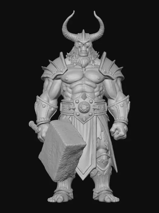 3D model for Ein furchteinflößender Krieger mit muskulösem Oberkörper und einer robusten, rötlich-braunen Haut, die an raues Leder erinnert. Sein Kopf ist von einem prächtigen goldenen Helm mit geschwungenen Hörnern und einem schädelartigen, grinsenden Gesicht bedeckt. Er trägt eine Mischung aus dunklen Lederriemen und aufwendigen goldenen Rüstungsteilen mit roten Akzenten, die seine Schultern, Arme und Beine schützen. Die Textur der Rüstung ist glatt und metallisch, kontrastierend zur rauen Haut. In seinen behandschuhten Händen hält er einen massiven Kriegshammer aus Stein und Metall.