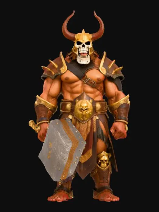 3D model for Ein furchteinflößender Krieger mit muskulösem Oberkörper und einer robusten, rötlich-braunen Haut, die an raues Leder erinnert. Sein Kopf ist von einem prächtigen goldenen Helm mit geschwungenen Hörnern und einem schädelartigen, grinsenden Gesicht bedeckt. Er trägt eine Mischung aus dunklen Lederriemen und aufwendigen goldenen Rüstungsteilen mit roten Akzenten, die seine Schultern, Arme und Beine schützen. Die Textur der Rüstung ist glatt und metallisch, kontrastierend zur rauen Haut. In seinen behandschuhten Händen hält er einen massiven Kriegshammer aus Stein und Metall.