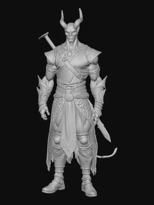 3D model for Ein humanoider Charakter mit rötlich-brauner Haut, kleinen Hörnern und einem dünnen, schlanken Schwanz. Die Figur trägt ein eng anliegendes, blaues Hemd unter einer schuppenartigen, dunkelbraunen Lederrüstung oder einem Kürass. Die Oberfläche der Rüstung weist eine Mischung aus glänzenden Metallschuppen und matterem Leder auf. Lange, passende Handschuhe bedecken die Arme, und kniehohe Stiefel mit Wickelbandagen vervollständigen die Beinkleidung. Ein scharfes Schwert steckt auf dem Rücken. Die Pose ist aufrecht und nachdenklich.