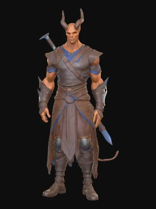 3D model for Ein humanoider Charakter mit rötlich-brauner Haut, kleinen Hörnern und einem dünnen, schlanken Schwanz. Die Figur trägt ein eng anliegendes, blaues Hemd unter einer schuppenartigen, dunkelbraunen Lederrüstung oder einem Kürass. Die Oberfläche der Rüstung weist eine Mischung aus glänzenden Metallschuppen und matterem Leder auf. Lange, passende Handschuhe bedecken die Arme, und kniehohe Stiefel mit Wickelbandagen vervollständigen die Beinkleidung. Ein scharfes Schwert steckt auf dem Rücken. Die Pose ist aufrecht und nachdenklich.