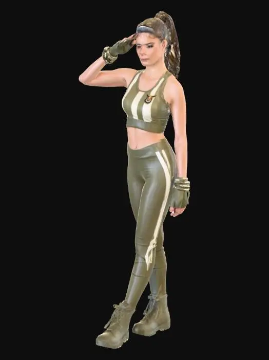 3D model for Eine athletische, weibliche Figur in militärisch angehauchter Sportkleidung, die einen Salut ausführt und einen selbstbewussten Ausdruck zeigt. Ihr Haar ist zu einem kurzen Pferdeschwanz gebunden, und sie trägt ein Stirnband. Ihr Outfit besteht aus einem bauchfreien Top in Olivgrün und Cremeweiß sowie eng anliegenden Hosen in ähnlichen Farbtönen mit vertikalen Streifen. Die Kleidung ist aus glattem, dehnbarem Stoff gefertigt. Sie trägt fingerlose Handschuhe, Armbänder und robuste, knöchelhohe Stiefel. Die gesamte Erscheinung ist funktional und energisch.