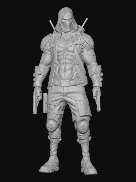 3D model for Ein taktischer Antiheld in einer robusten Rüstung mit einer leuchtend roten, glatten Integralhelmmaske, die von einer passenden roten Stoffkapuze bedeckt ist. Darunter trägt er eine dunkelblaue Lederjacke mit grauen Schulterpolstern und eine graue Brustpanzerung mit einem blutrot zerfetzten Fledermaussymbol. Er ist mit dunklen Hosen, zahlreichen taktischen Gürteln und Oberschenkeltaschen sowie glänzenden Knie- und Schienbeinschützern ausgestattet, während er zwei Pistolen mit Schalldämpfern hält.