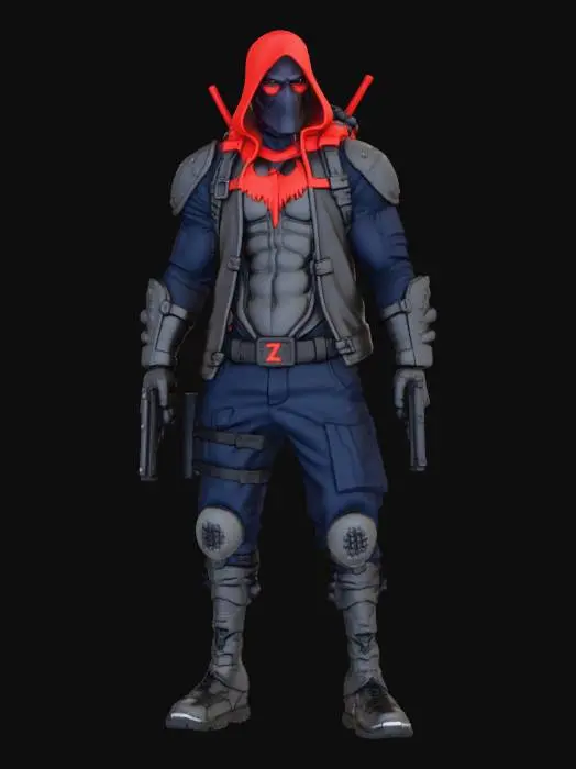 3D model for Ein taktischer Antiheld in einer robusten Rüstung mit einer leuchtend roten, glatten Integralhelmmaske, die von einer passenden roten Stoffkapuze bedeckt ist. Darunter trägt er eine dunkelblaue Lederjacke mit grauen Schulterpolstern und eine graue Brustpanzerung mit einem blutrot zerfetzten Fledermaussymbol. Er ist mit dunklen Hosen, zahlreichen taktischen Gürteln und Oberschenkeltaschen sowie glänzenden Knie- und Schienbeinschützern ausgestattet, während er zwei Pistolen mit Schalldämpfern hält.