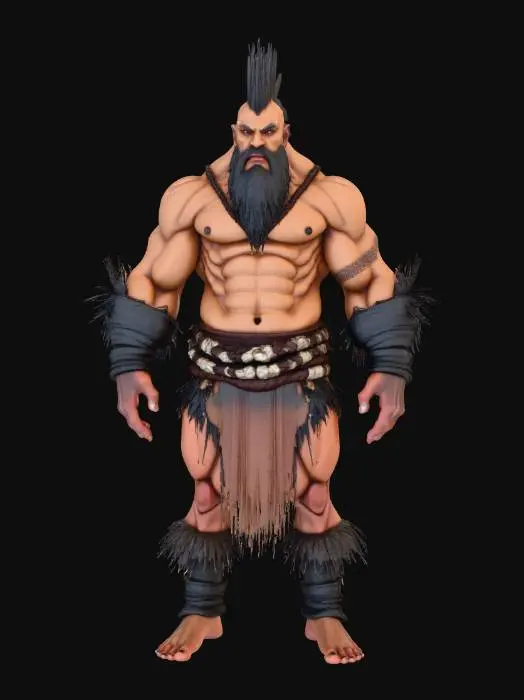 3D model for Ein kolossaler, vierarmiger Krieger mit einer beeindruckenden, muskulösen Statur, dessen Haut eine robuste, bräunliche Textur aufweist, die an einigen Stellen leicht schuppig erscheint. Er trägt einen archaischen Lendenschurz und Armschienen aus grobem, dunklem Leder und Metall, verziert mit rituellen Mustern. Sein dunkles Haar ist zu einem zotteligen Irokesenschnitt gebunden, was seine wilde und furchterregende Präsenz unterstreicht.