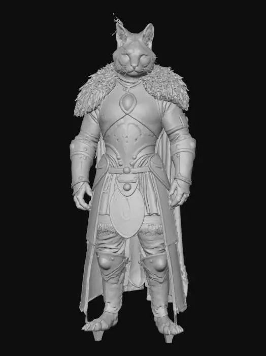 3D model for Ein furchterregender Krieger mit dem Kopf einer Wildkatze, dessen dichtes, gestreiftes Fell in Grau- und Brauntönen gehalten ist. Der Körper ist von einer dunklen, detailreichen Plattenrüstung bedeckt, die eine leicht verwitterte, metallische Textur aufweist. Besonderheiten sind die muskulös geformte Brustplatte, die großen Schulterpolster und ein Gürtel, der einen dicken Pelzrock mit runden Metallakzenten hält, alles unter einem hellen, gleichmäßigen Tageslicht.