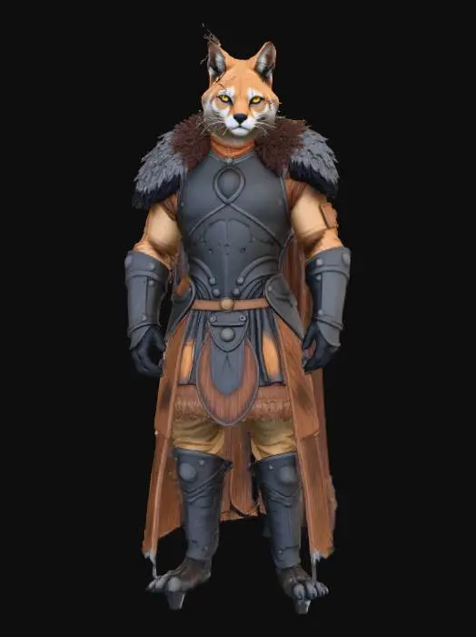 3D model for Ein furchterregender Krieger mit dem Kopf einer Wildkatze, dessen dichtes, gestreiftes Fell in Grau- und Brauntönen gehalten ist. Der Körper ist von einer dunklen, detailreichen Plattenrüstung bedeckt, die eine leicht verwitterte, metallische Textur aufweist. Besonderheiten sind die muskulös geformte Brustplatte, die großen Schulterpolster und ein Gürtel, der einen dicken Pelzrock mit runden Metallakzenten hält, alles unter einem hellen, gleichmäßigen Tageslicht.