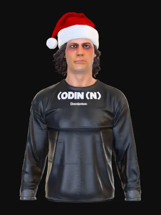 3D model for #Christmas2025#, Ein fülliger Mann mit schulterlangem, braunem Haar und einem festlichen Weihnachtshut, der eine schwarze Baumwoll-T-Shirt mit weißer Aufschrift "ODIN (IN) VALHALLA SAUFEN" trägt. Er ist in schwarze Cargo-Hosen gekleidet und hält eine Pistole mit ausgestrecktem Arm direkt auf den Betrachter gerichtet. Die Szene ist im Freien angesiedelt, mit grünem Laub und einer blauen Plane im Hintergrund, alles bei hellem Tageslicht.