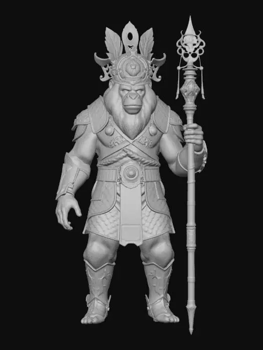 3D model for Ein majestätischer, anthropomorpher Affenkrieger mit einem detaillierten, haarigen Gesicht und einem scharfen Ausdruck. Er trägt eine aufwendige, dunkelgoldene und bronzefarbene Rüstung, die aus fein gearbeiteten Schuppen, Platten und dekorativen Verzierungen in Form von Drachen und Wolken besteht. Ein prunkvoller goldener Kopfschmuck mit langen, geschwungenen Pfauenfedern krönt sein Haupt, und er hält einen verzierten Stab aus dunklem Holz.