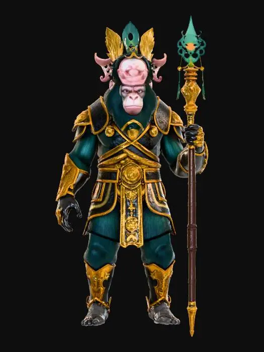 3D model for Ein majestätischer, anthropomorpher Affenkrieger mit einem detaillierten, haarigen Gesicht und einem scharfen Ausdruck. Er trägt eine aufwendige, dunkelgoldene und bronzefarbene Rüstung, die aus fein gearbeiteten Schuppen, Platten und dekorativen Verzierungen in Form von Drachen und Wolken besteht. Ein prunkvoller goldener Kopfschmuck mit langen, geschwungenen Pfauenfedern krönt sein Haupt, und er hält einen verzierten Stab aus dunklem Holz.