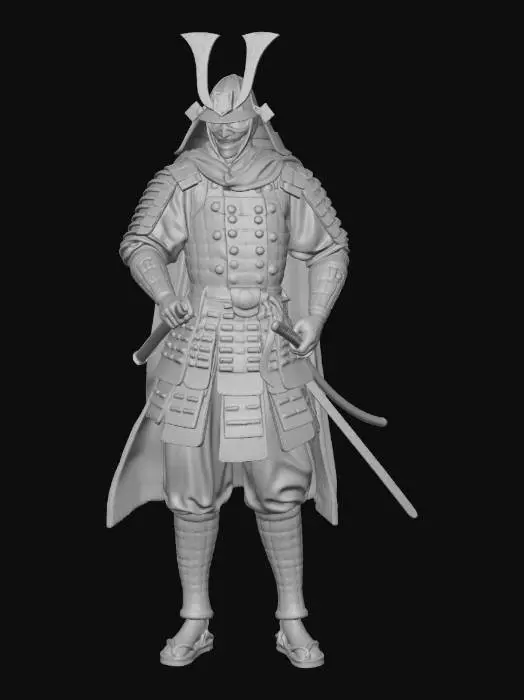 3D model for Ein maskierter Samurai oder Shinobi in einer komplexen, überwiegend schwarzen Rüstung, die aus zahlreichen segmentierten Platten mit goldfarbenen Rändern und kleinen bronzefarbenen Nieten besteht. Sein Kopf ist mit einem dunklen Tuch und einer goldenen Halbmaske mit rauer Textur bedeckt. Der Krieger ist mit mehreren Seilen, einem schwarzen Umhang und zwei Schwertern ausgestattet, eines davon gezogen, was eine bedrohliche und kampfbereite Haltung unter kühlem Licht erzeugt.