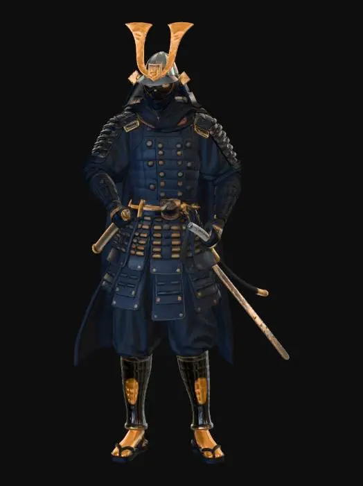 3D model for Ein maskierter Samurai oder Shinobi in einer komplexen, überwiegend schwarzen Rüstung, die aus zahlreichen segmentierten Platten mit goldfarbenen Rändern und kleinen bronzefarbenen Nieten besteht. Sein Kopf ist mit einem dunklen Tuch und einer goldenen Halbmaske mit rauer Textur bedeckt. Der Krieger ist mit mehreren Seilen, einem schwarzen Umhang und zwei Schwertern ausgestattet, eines davon gezogen, was eine bedrohliche und kampfbereite Haltung unter kühlem Licht erzeugt.