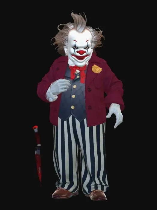 3D model for Ein fettleibiger, gruseliger Clown als 3D-Modell mit weißem Gesicht, roten Lippen, blauen Tränen und einem unordentlichen, grauen Haarschopf. Er trägt eine schmutzige, weinrote Jacke mit goldenen Akzenten und einem Sonnenblumenanstecker über einer dunklen Weste und einem roten Fliege. Seine gestreiften, weit geschnittenen Hosen in Rot und Dunkelrot sind an den Knöcheln goldfarben gesäumt. In der rechten Hand hält er ein blutiges Messer.