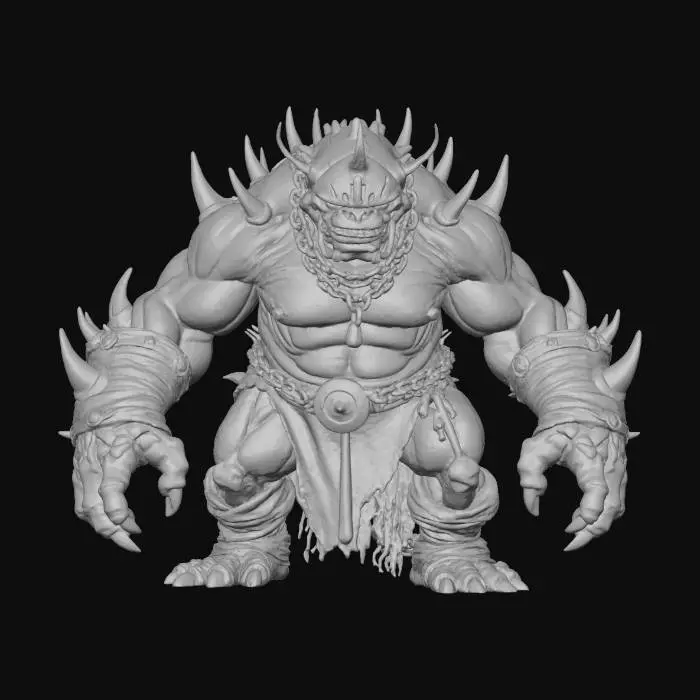3D model for Ein groteskes, bulliges Wesen mit einer rötlich-braunen, fleischigen Haut, die an zähes Leder erinnert und eine grobe, unregelmäßige Textur aufweist. Zahlreiche scharfe, schwarze Stacheln ragen aus seinem Rücken und seinen Schultern hervor, was eine bedrohliche, stachelige Oberfläche erzeugt. Das Gesicht ist verdeckt von einer dunklen, helmartigen Struktur, aus der nur vier vertikale, glühende oder goldene Schlitze als Augenpartie sichtbar sind. Eine schwere Metallkette ziert die Hüfte, und die Beine sind in dunkle, grobe Stoffe oder Rüstungsteile gehüllt. Die Haltung ist massiv und drohend.