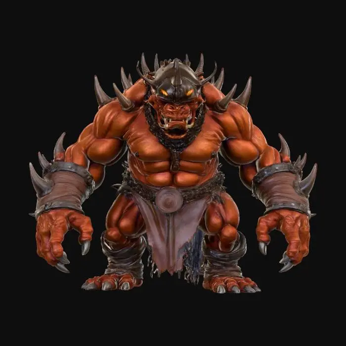 3D model for Ein groteskes, bulliges Wesen mit einer rötlich-braunen, fleischigen Haut, die an zähes Leder erinnert und eine grobe, unregelmäßige Textur aufweist. Zahlreiche scharfe, schwarze Stacheln ragen aus seinem Rücken und seinen Schultern hervor, was eine bedrohliche, stachelige Oberfläche erzeugt. Das Gesicht ist verdeckt von einer dunklen, helmartigen Struktur, aus der nur vier vertikale, glühende oder goldene Schlitze als Augenpartie sichtbar sind. Eine schwere Metallkette ziert die Hüfte, und die Beine sind in dunkle, grobe Stoffe oder Rüstungsteile gehüllt. Die Haltung ist massiv und drohend.