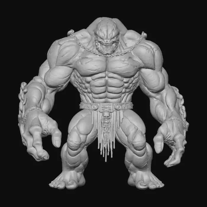 3D model for Ein monumentaler Golem, dessen massiver Körper aus dunklem, rissigem Gestein gefertigt ist, durchzogen von leuchtenden Lavaströmen, die von innen heraus strahlen. Zahlreiche schwere Eisenketten fesseln ihn und er scheint eine schwelende, brennende Oberfläche über sich zu tragen. Die dramatische Beleuchtung stammt vom inneren Leuchten und der feurigen Umgebung, die von einem mondbeschienenen, sternenklaren Himmel begrenzt wird.