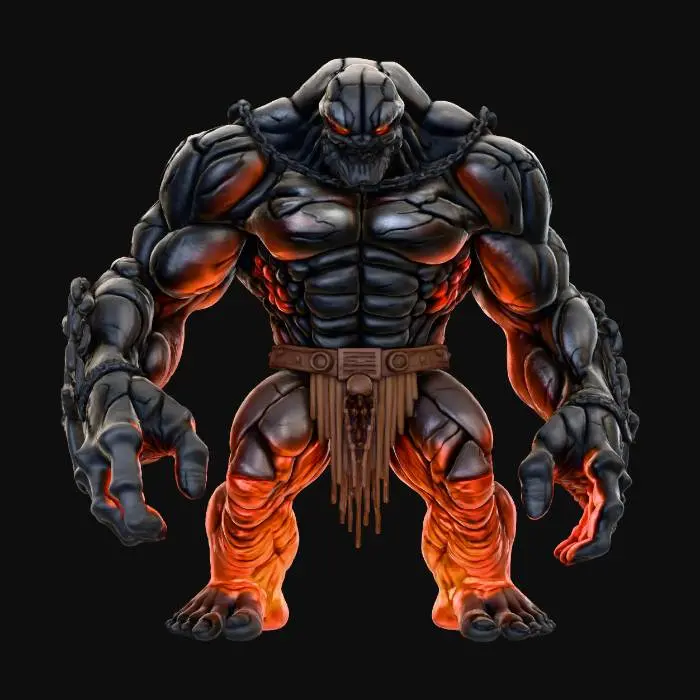 3D model for Ein monumentaler Golem, dessen massiver Körper aus dunklem, rissigem Gestein gefertigt ist, durchzogen von leuchtenden Lavaströmen, die von innen heraus strahlen. Zahlreiche schwere Eisenketten fesseln ihn und er scheint eine schwelende, brennende Oberfläche über sich zu tragen. Die dramatische Beleuchtung stammt vom inneren Leuchten und der feurigen Umgebung, die von einem mondbeschienenen, sternenklaren Himmel begrenzt wird.