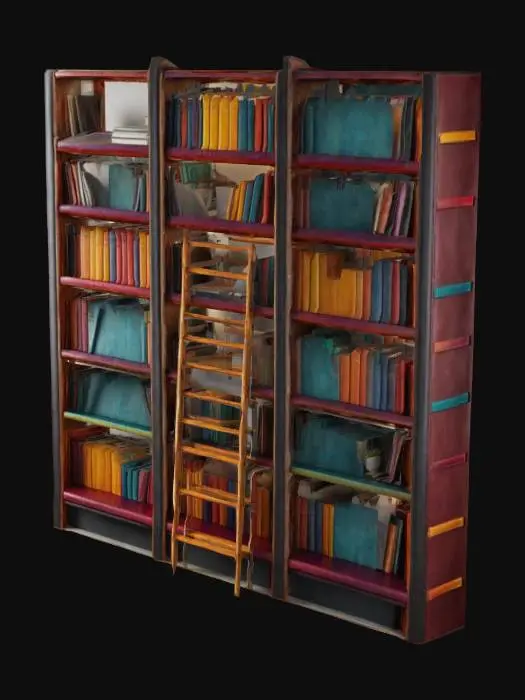 3D model for Estanteria de libros fantastica con lomos de libros en piel colores trendy y una escalera con rail, tipo Ikea, 4k mucho detalle
