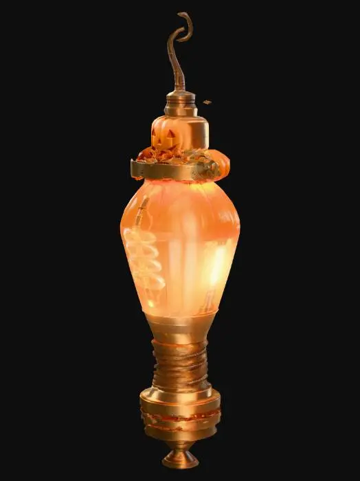 3D model for Giant LED light bulb base, hyperrealistic 4K textures, ultra-detailed glass and metallic socket with brass and copper steampunk gears and pipes, a stack of carved Halloween pumpkins piled on top, glowing from inside with warm orange light, fantasy but realistic design, cinematic lighting, magical autumn atmosphere, high detail, asset ready, surreal artistic touch.