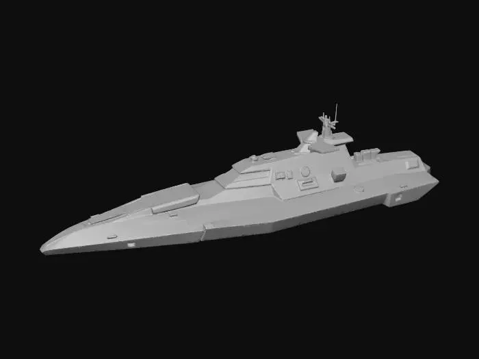 3D model for 3D rendered futuristic military space cruiser, compact destroyer-style hull,
shortened aggressive forward spine, modular segmented structure,
single vertical rear wing fin, blocky engine housing,
hard edges, flat armor panels, subtle engraved panel lines only,
NO glow, NO emissive lighting, NO text, NO decals, NO symbols,
NO smoke, NO particles, NO flames,
matte dark gray and black materials, minimal shading,
orthographic-style perspective, high contrast silhouette,
clean geometry suitable for 3D reconstruction,
pure black background, studio lighting only,
centered composition, realistic scale, restrained sci-fi military design