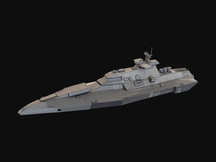 3D model for 3D rendered futuristic military space cruiser, compact destroyer-style hull,
shortened aggressive forward spine, modular segmented structure,
single vertical rear wing fin, blocky engine housing,
hard edges, flat armor panels, subtle engraved panel lines only,
NO glow, NO emissive lighting, NO text, NO decals, NO symbols,
NO smoke, NO particles, NO flames,
matte dark gray and black materials, minimal shading,
orthographic-style perspective, high contrast silhouette,
clean geometry suitable for 3D reconstruction,
pure black background, studio lighting only,
centered composition, realistic scale, restrained sci-fi military design